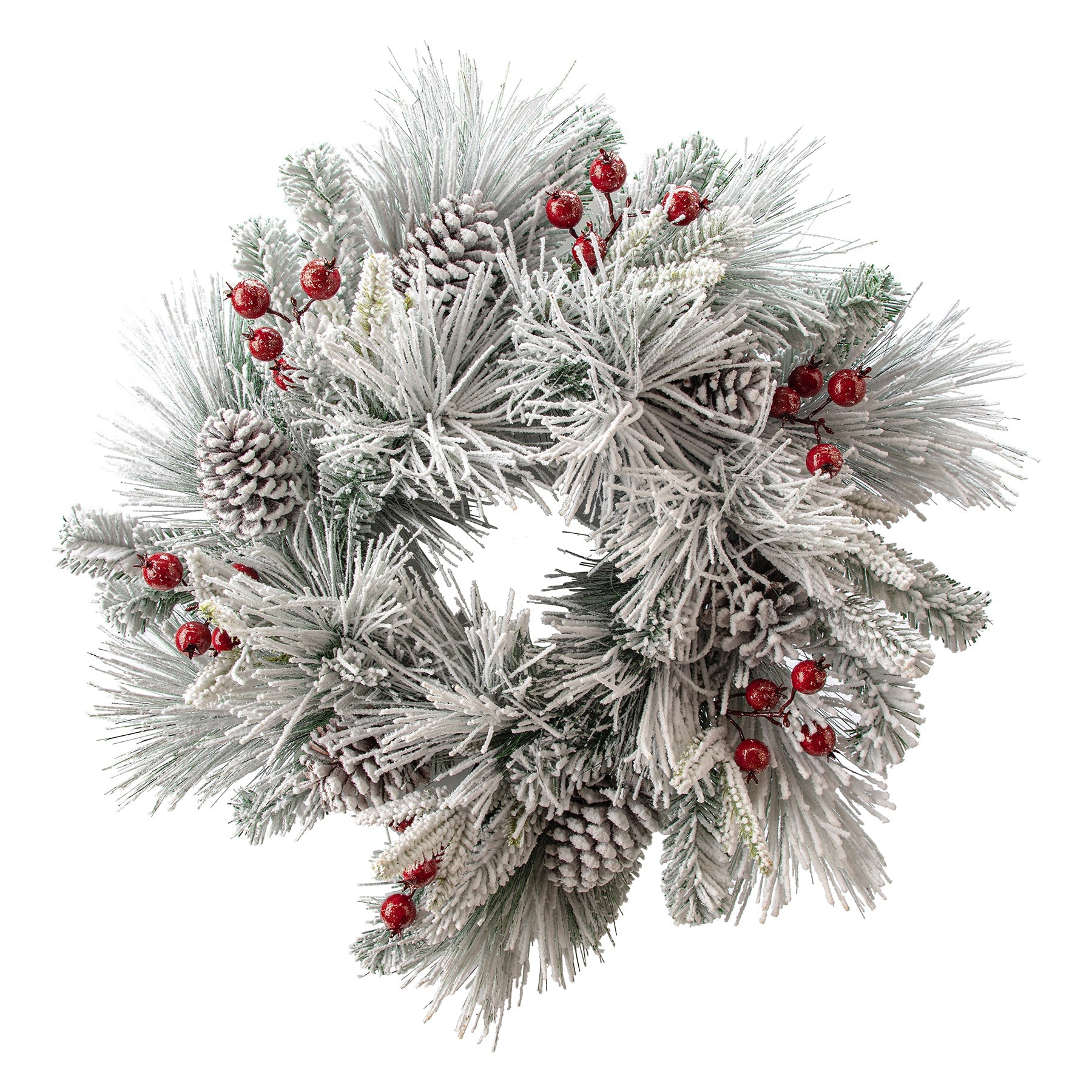 Christmas Flocked Mixed Pine Wreath with Berries and Pinecones 24in