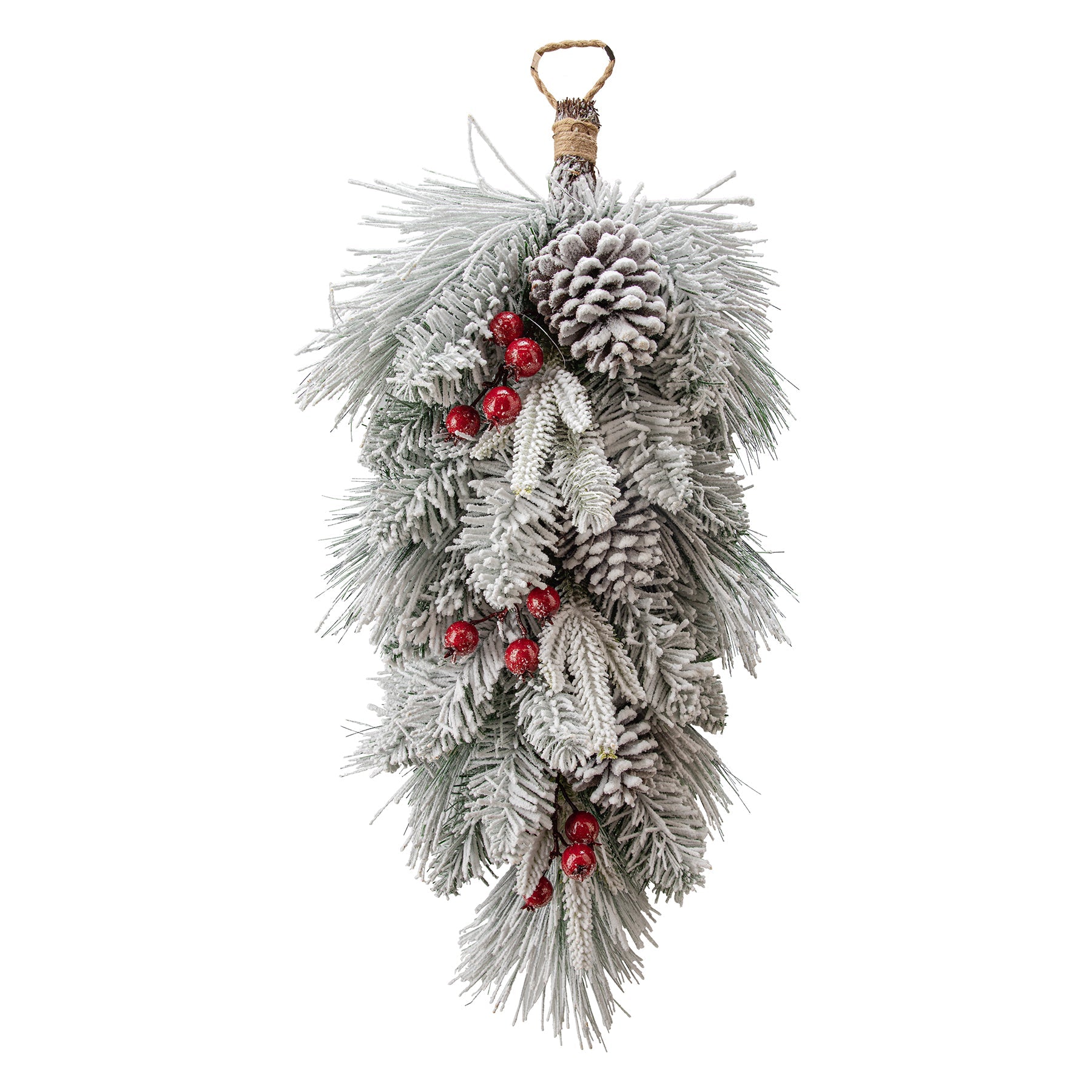 Christmas Flocked Mixed Pine Hanging Teardrop with Berries and Pinecones 14x24in