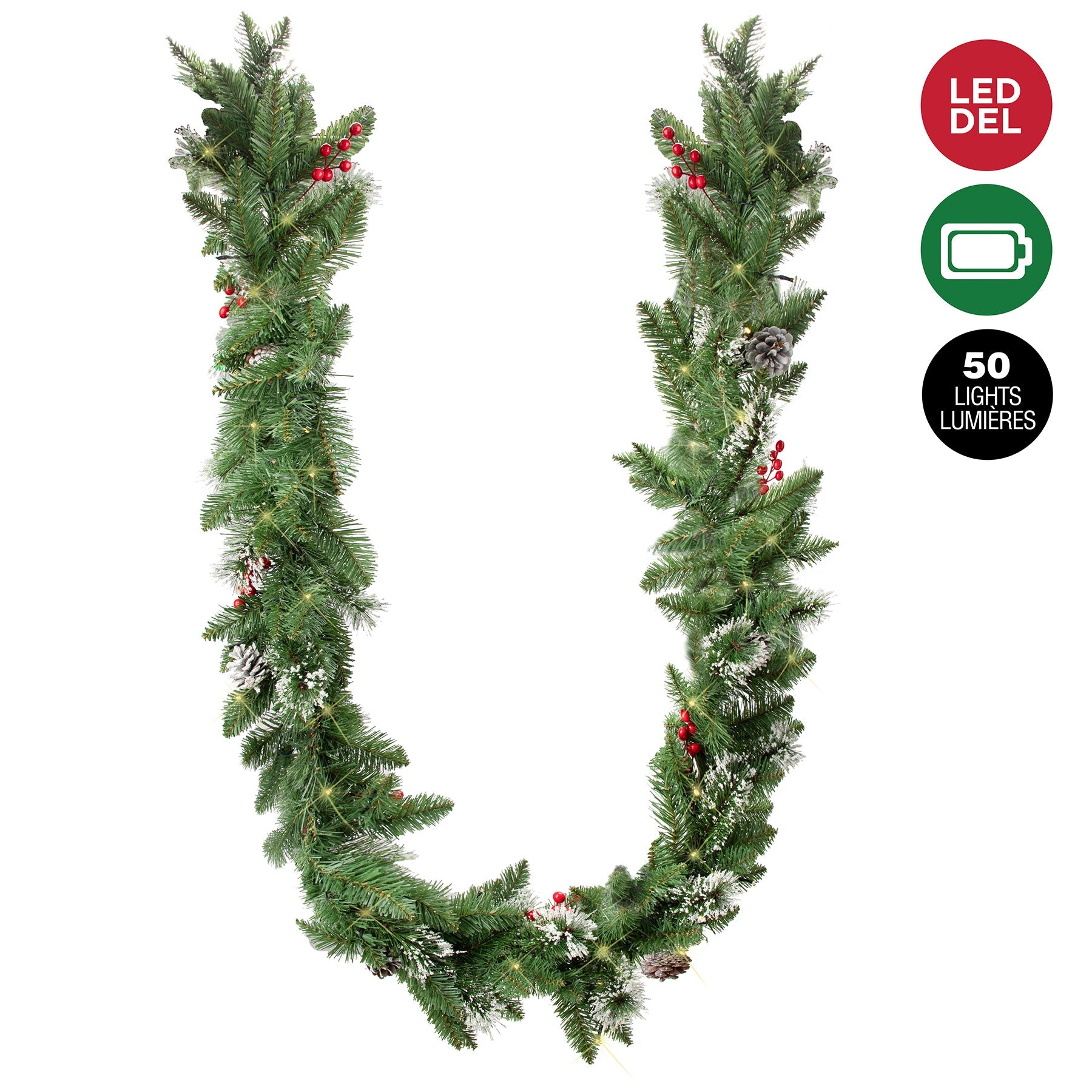 Christmas Plain and Frosted Pine Garland with 50 Warm White 5mm Led Lights and Timer 107.8in