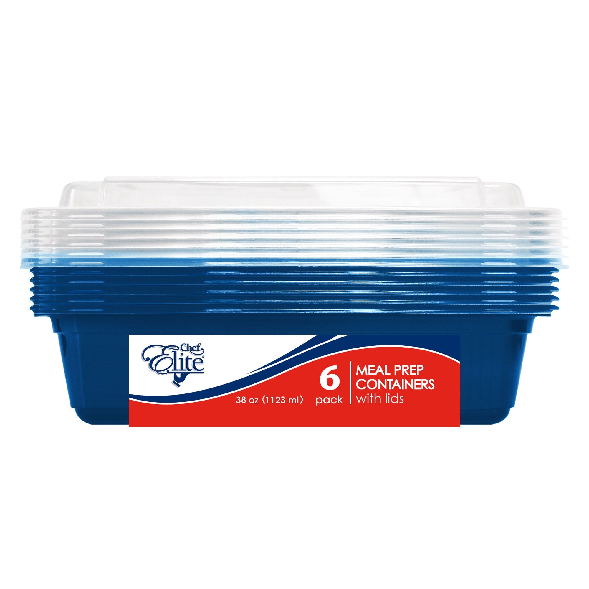 Chef Elite 6 Rectangular Plastic Containers with Lids 1123ml (38oz) 8.25x5.5x1.75in