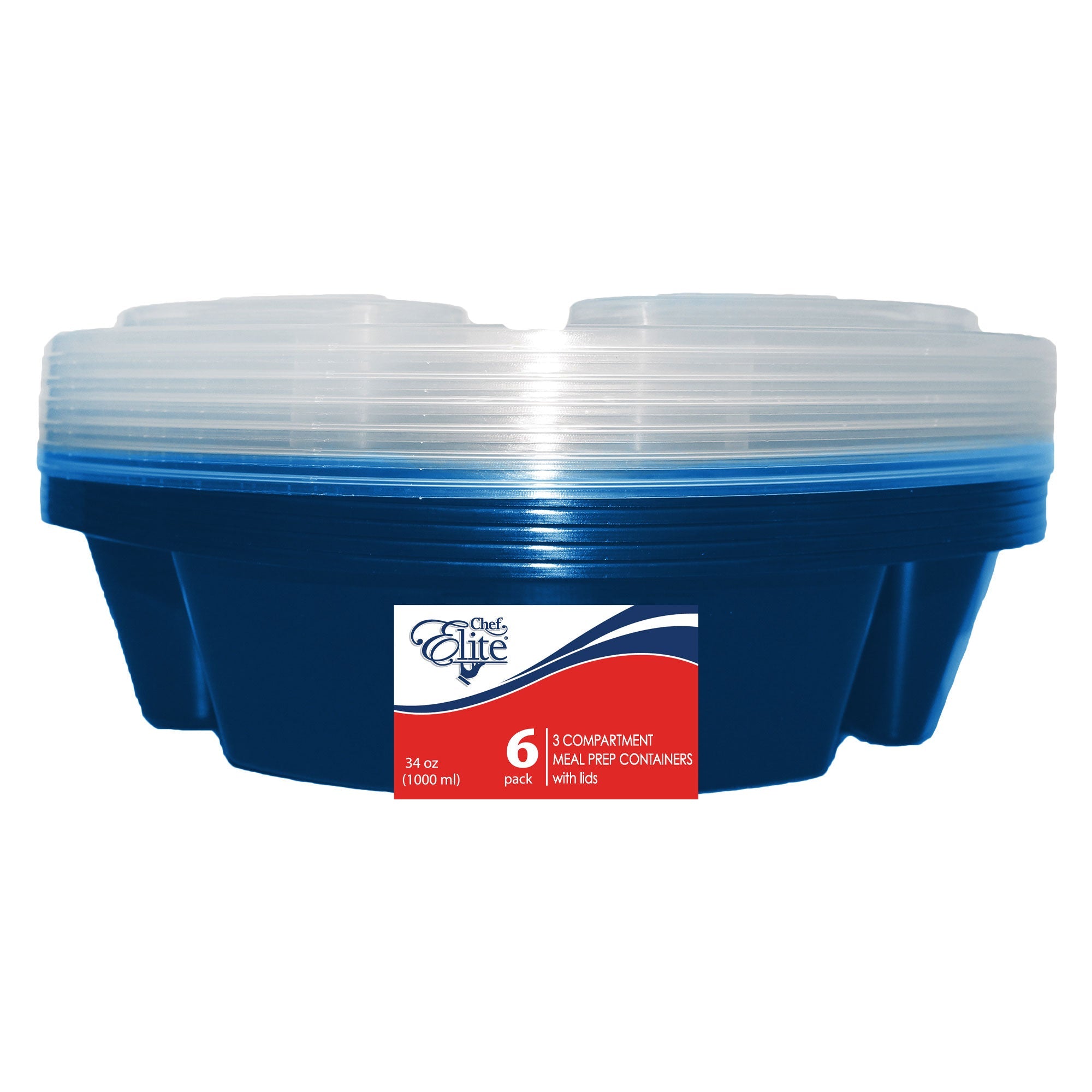 Chef Elite 6 Round Plastic Containers with Lids - 3 Compartments 1123ml (38oz) 8x1.75in