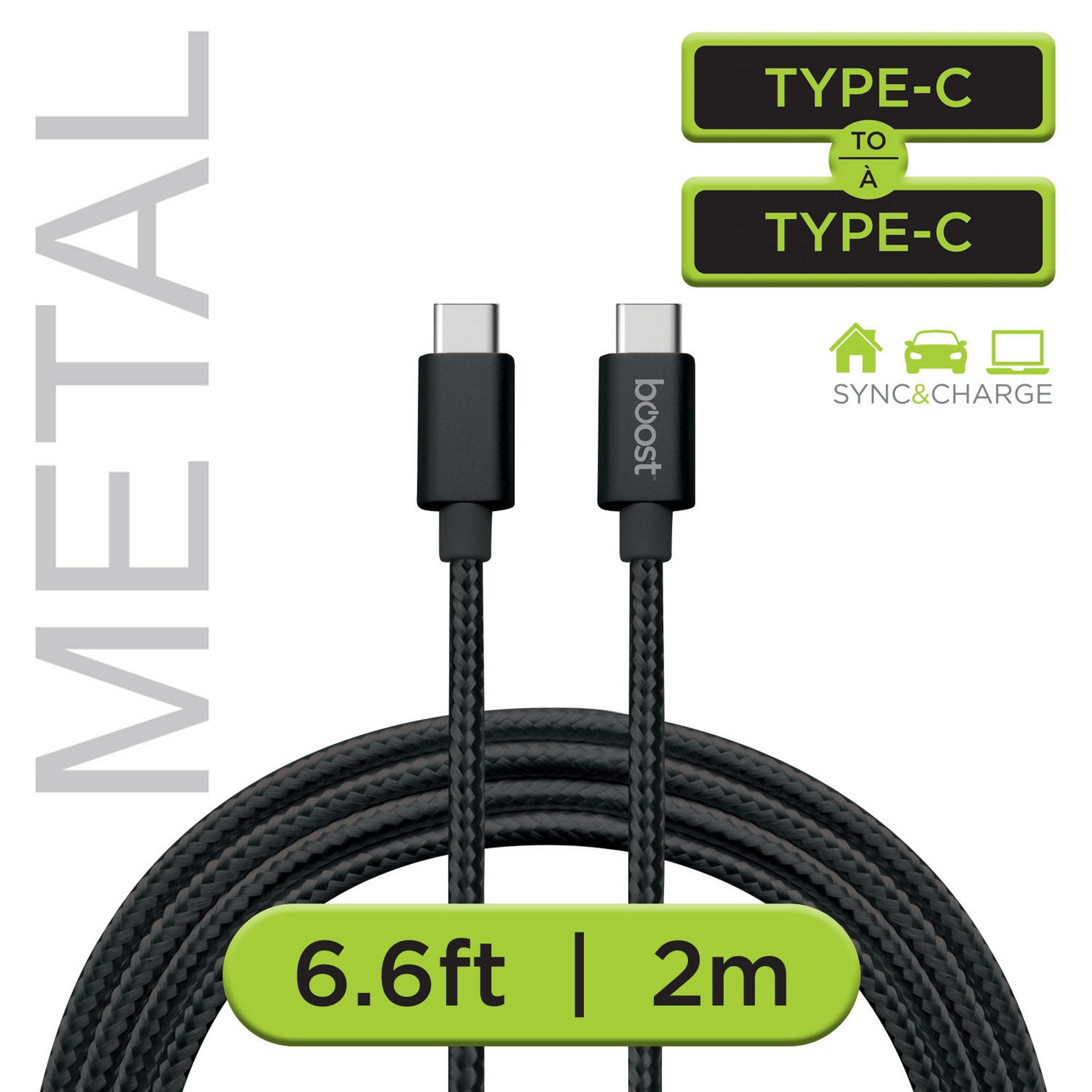 Boost Câble Tressé Noir Type C à Type C - Métal 6.6pi (2m)