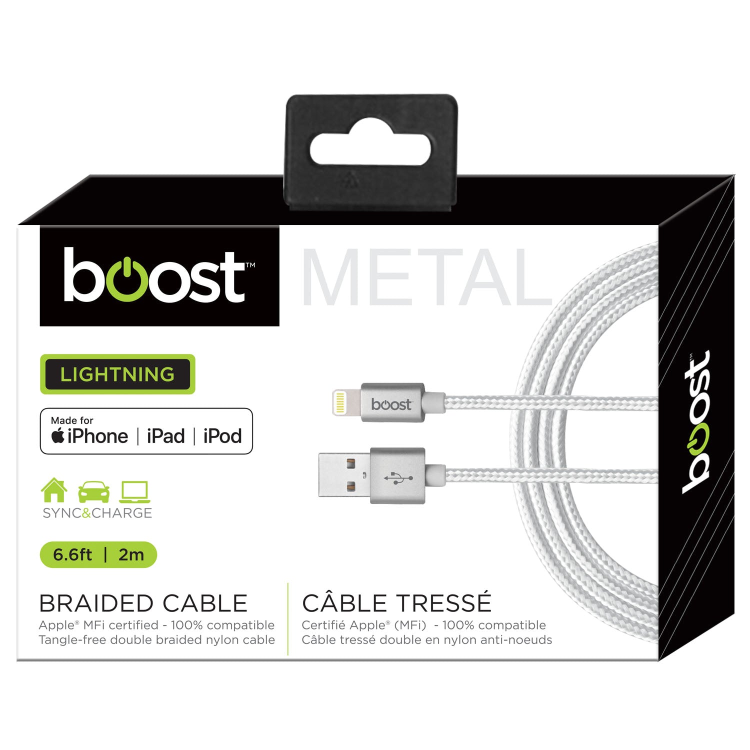 Boost Lightning White Braided Cable - Metal 6.6ft (2m)