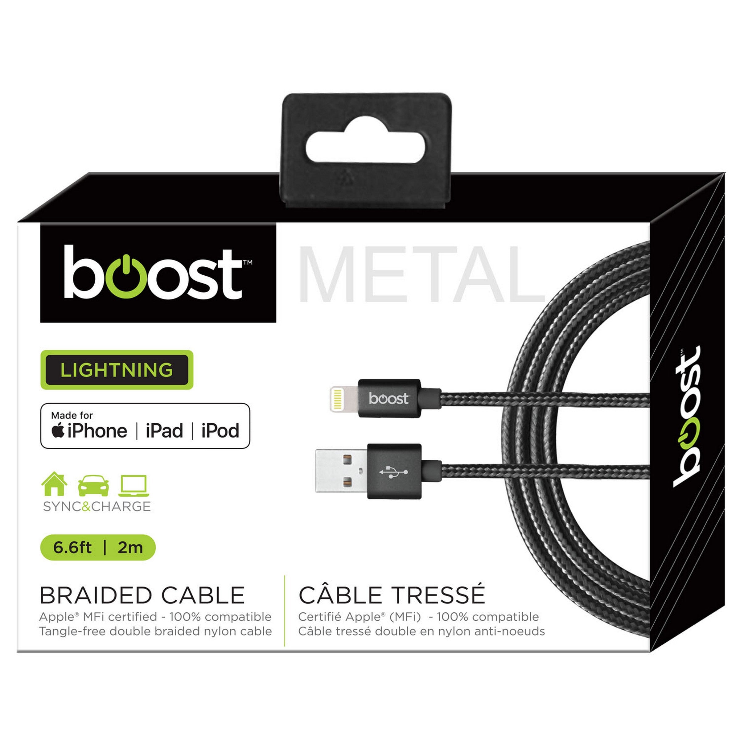 Boost Lightning Black Braided Cable - Metal 6.6ft (2m)