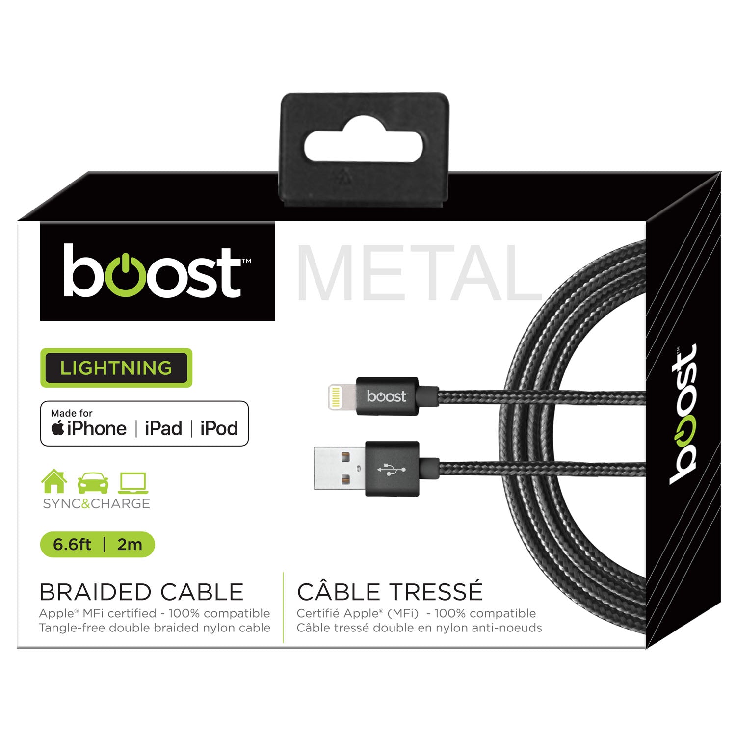 Boost Lightning Black Braided Cable - Metal 6.6ft (2m)