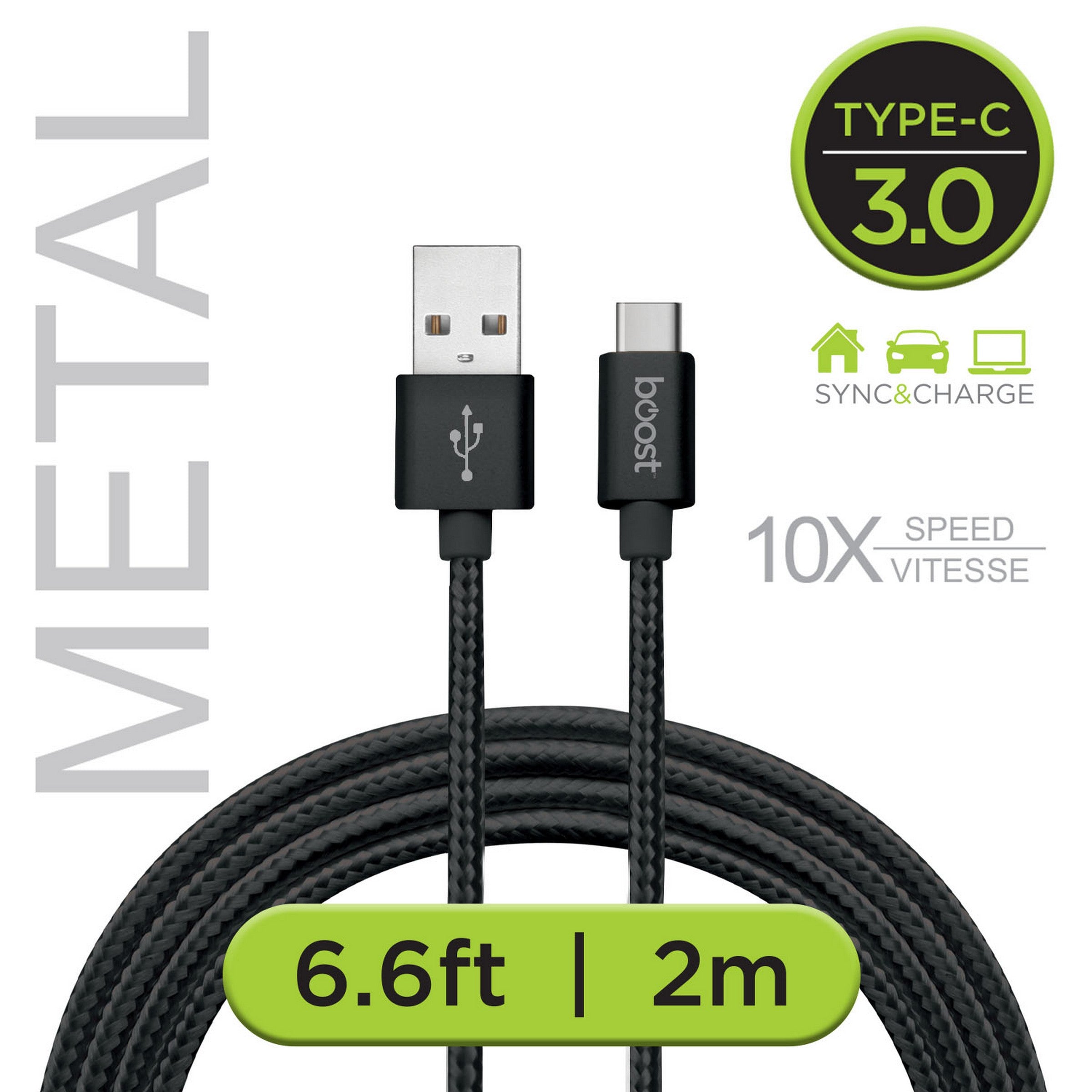 Boost Câble Tressé Noir Type C 3.0 Métal Vitesse 10x 6.6pi (2m)