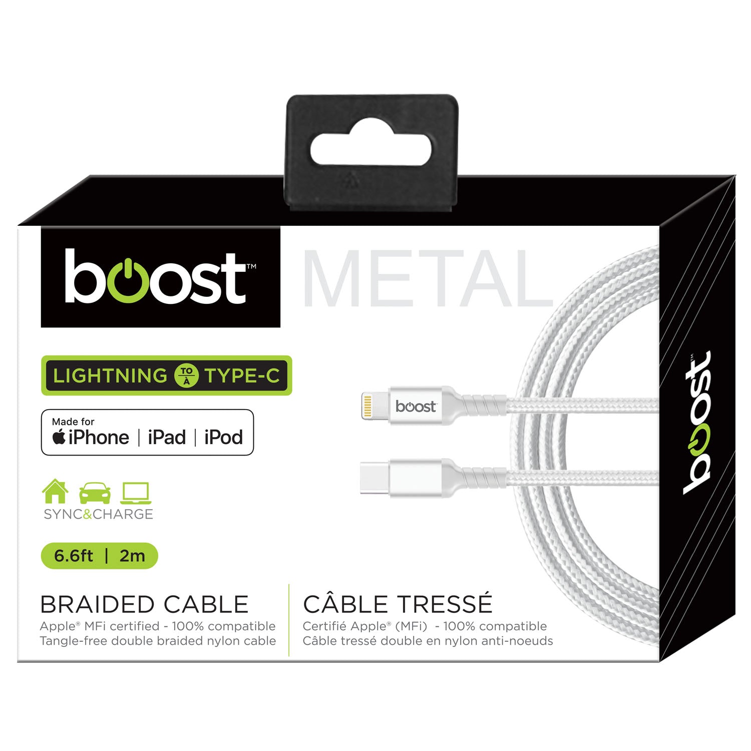 Boost White Lightning to Type C Braided Cable - Metal 6.6ft (2m)