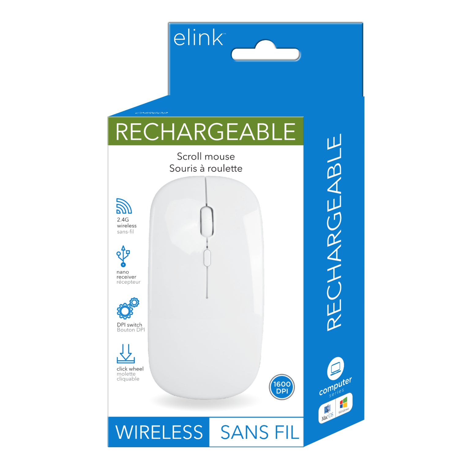 elink White Wireless Scroll Mouse 4.4x2.25x1in Eco Fee $0.2SUS