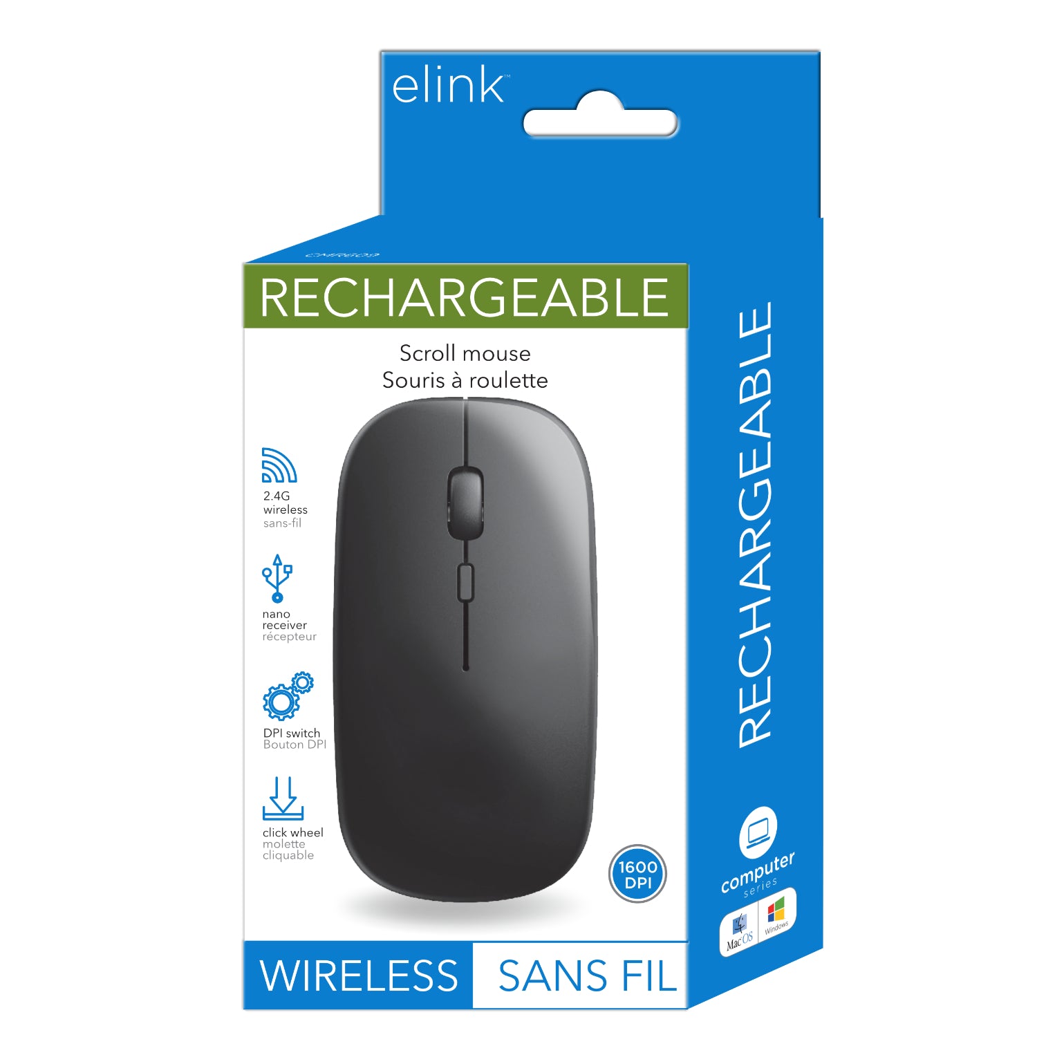 elink Black Wireless Scroll Mouse 4.4x2.25x1in Eco Fee $0.2SUS