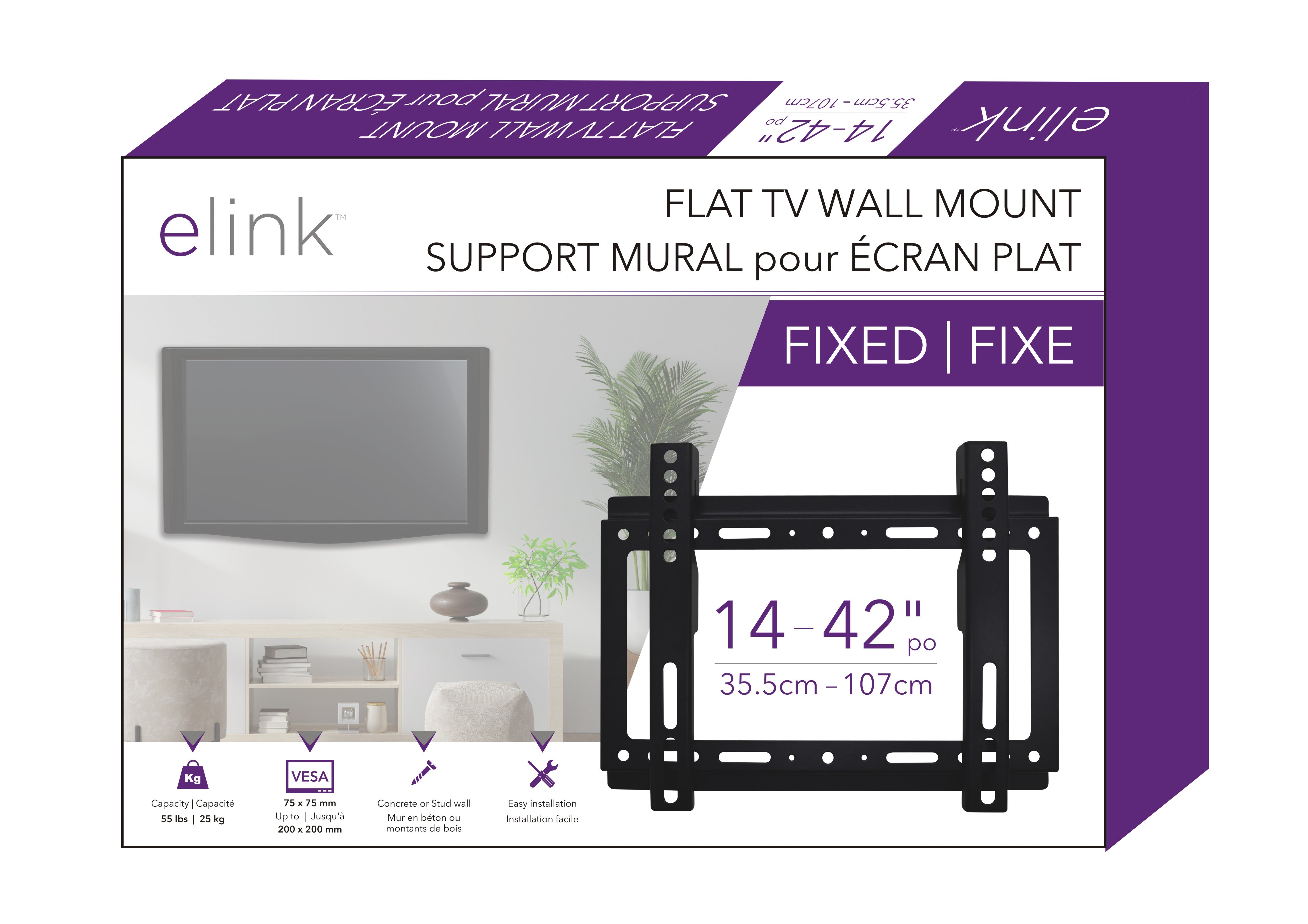 elink Fixed Flat TV Wall Mount - Black Metal 14 to 42in