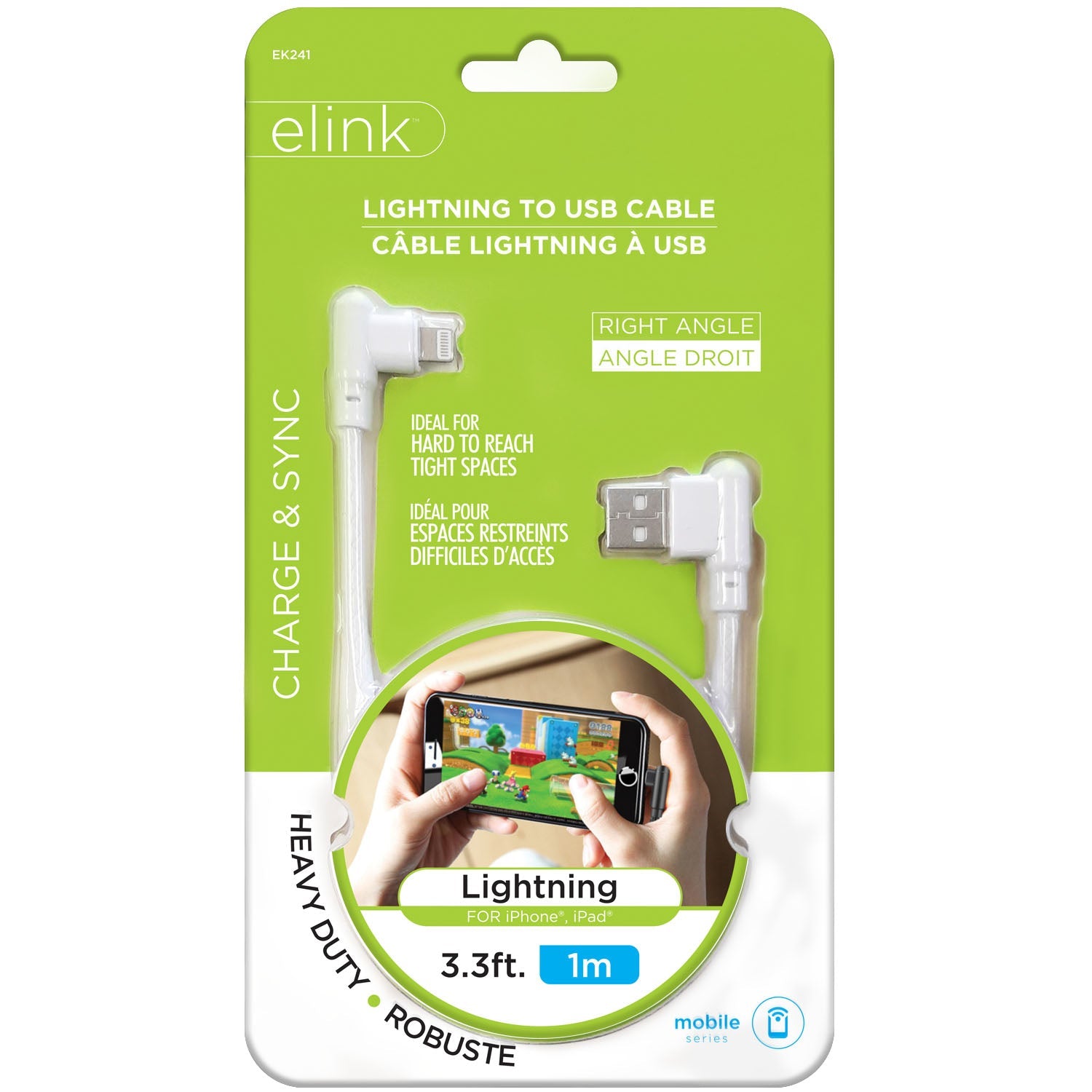 elink Lightning to USB Cable - Right Angle - Heavy Duty 3.3ft (1m)