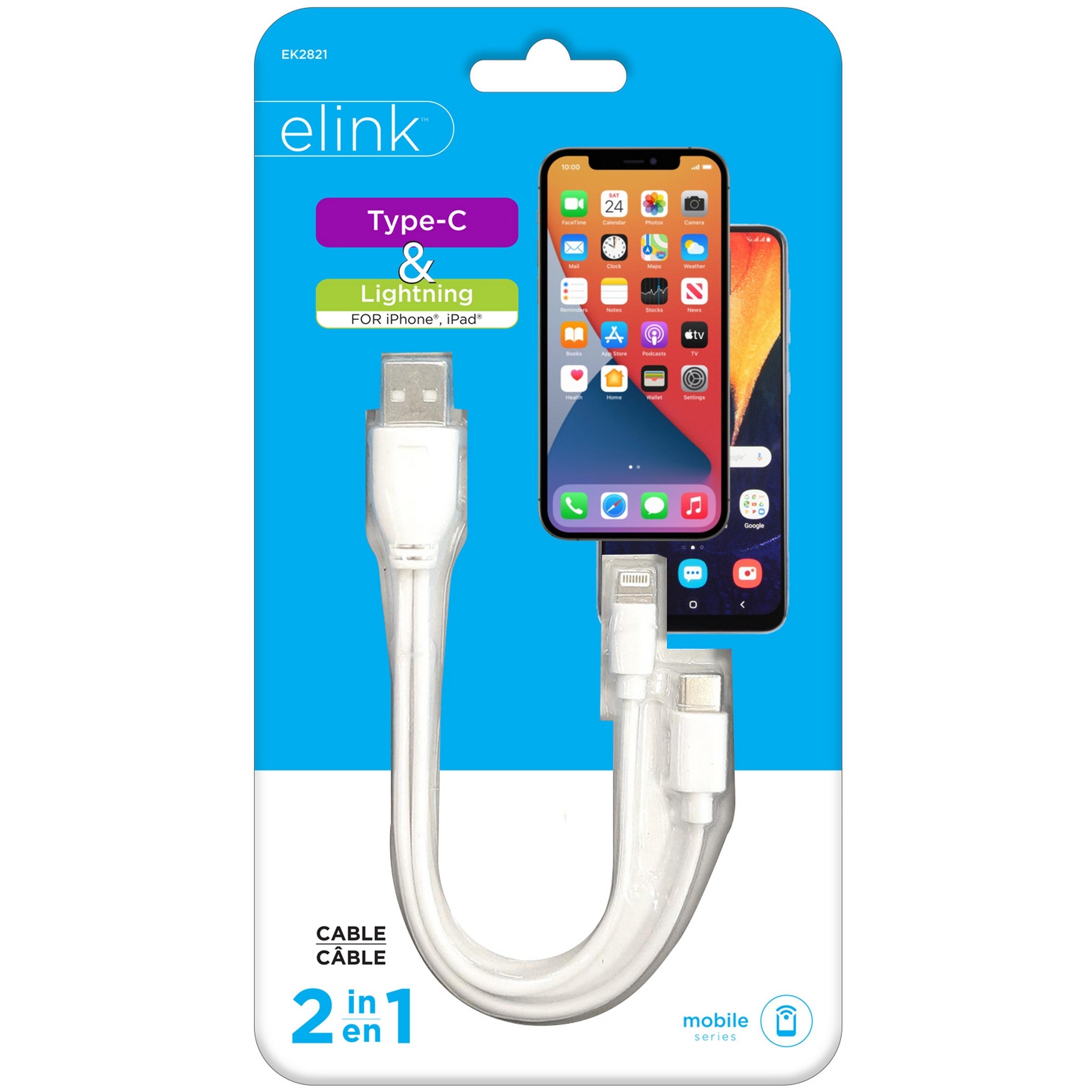 elink 2 in 1 Lightning and Type-C Cable - 6in Cable