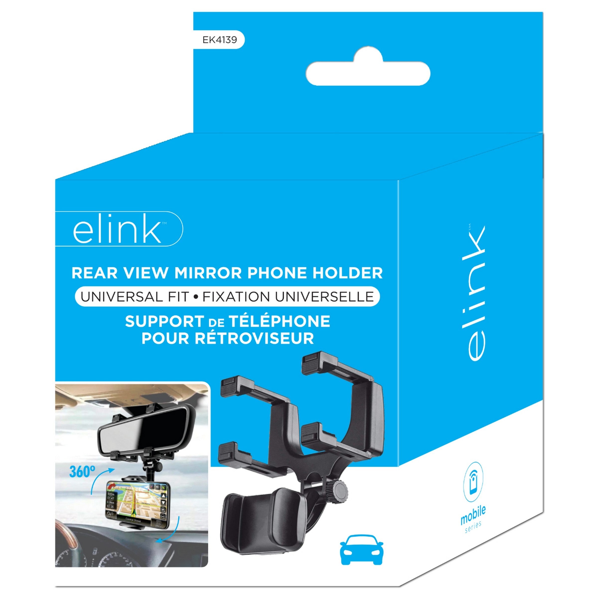 elink Rear View Mirror Phone Holder - Black Plastic - Adjustable Viewing Angle