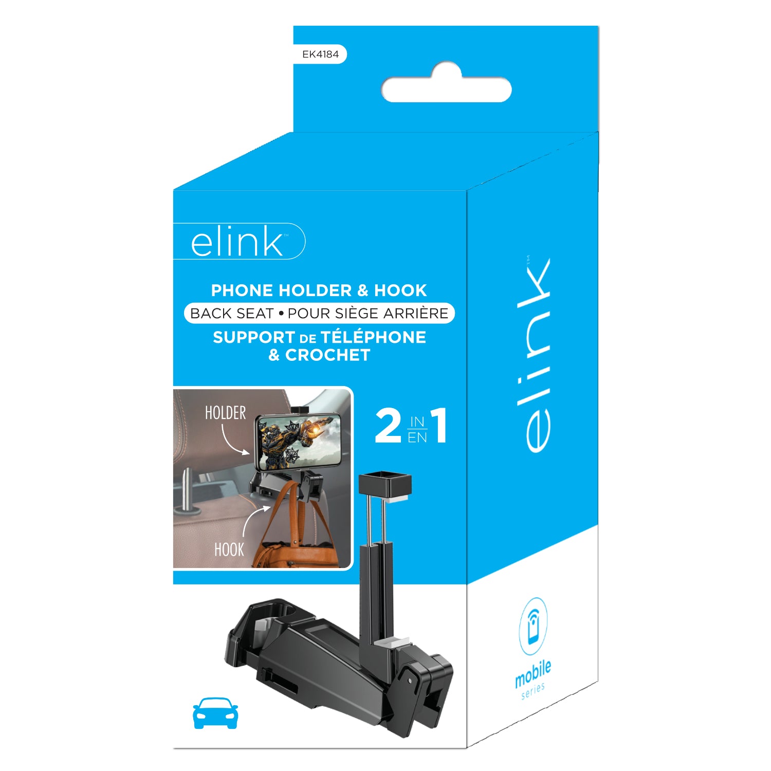 elink Phone Holder and Hook for Back Seat - Black Plastic 5x1.5in