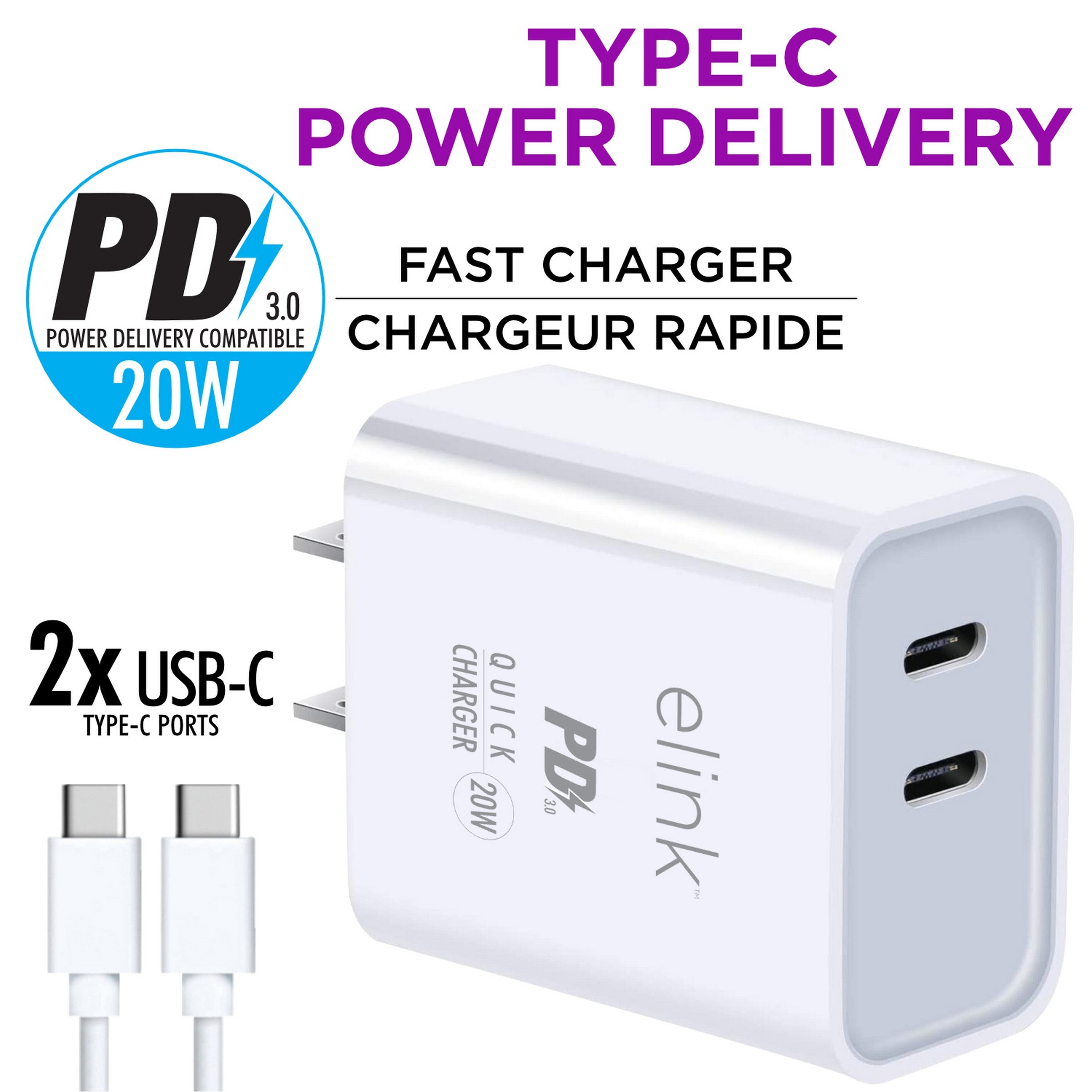elink Type-C Charger 20W 1.6x1.5x1.1in