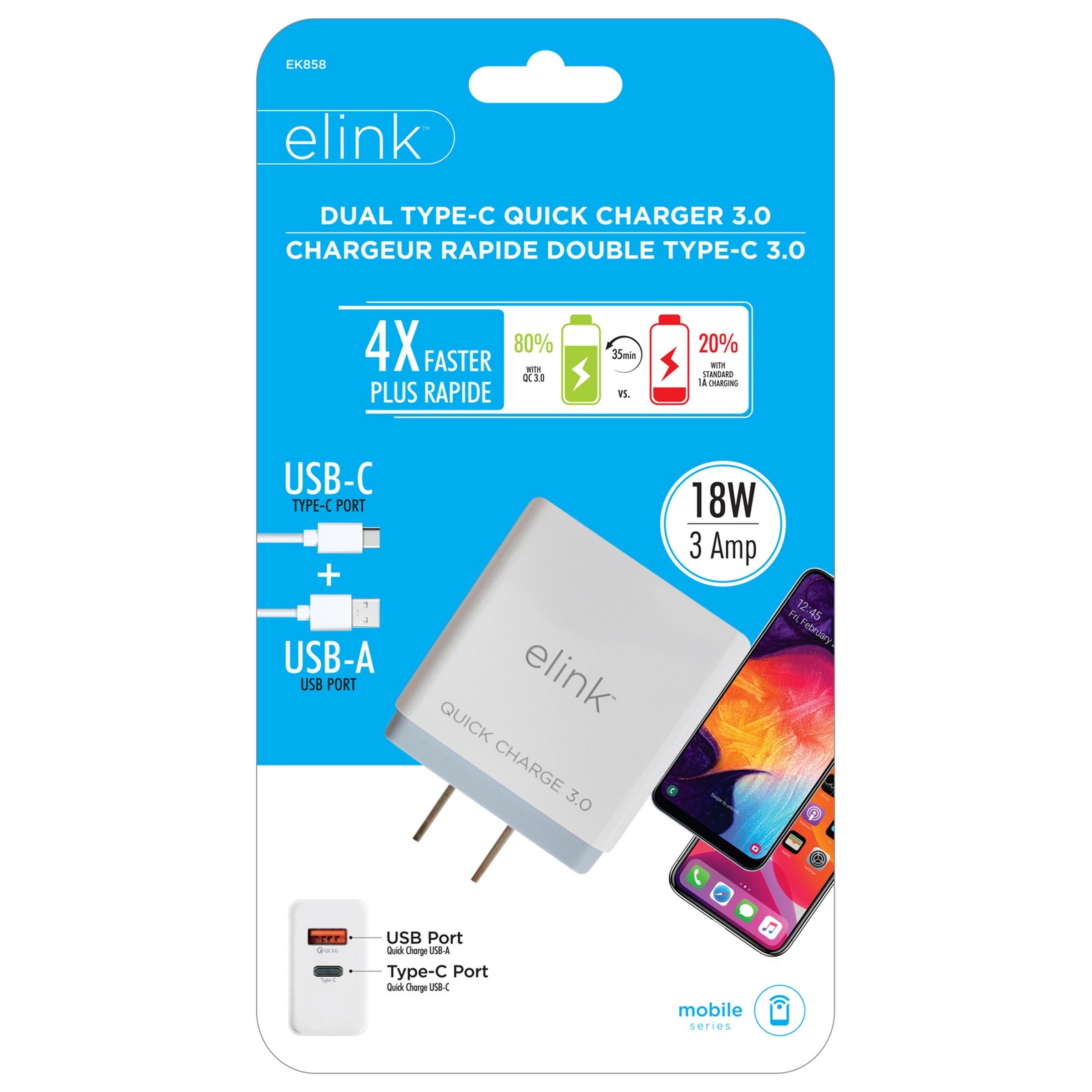 elink Dual Type-C Quick 3.0 Charger 2x1.75in