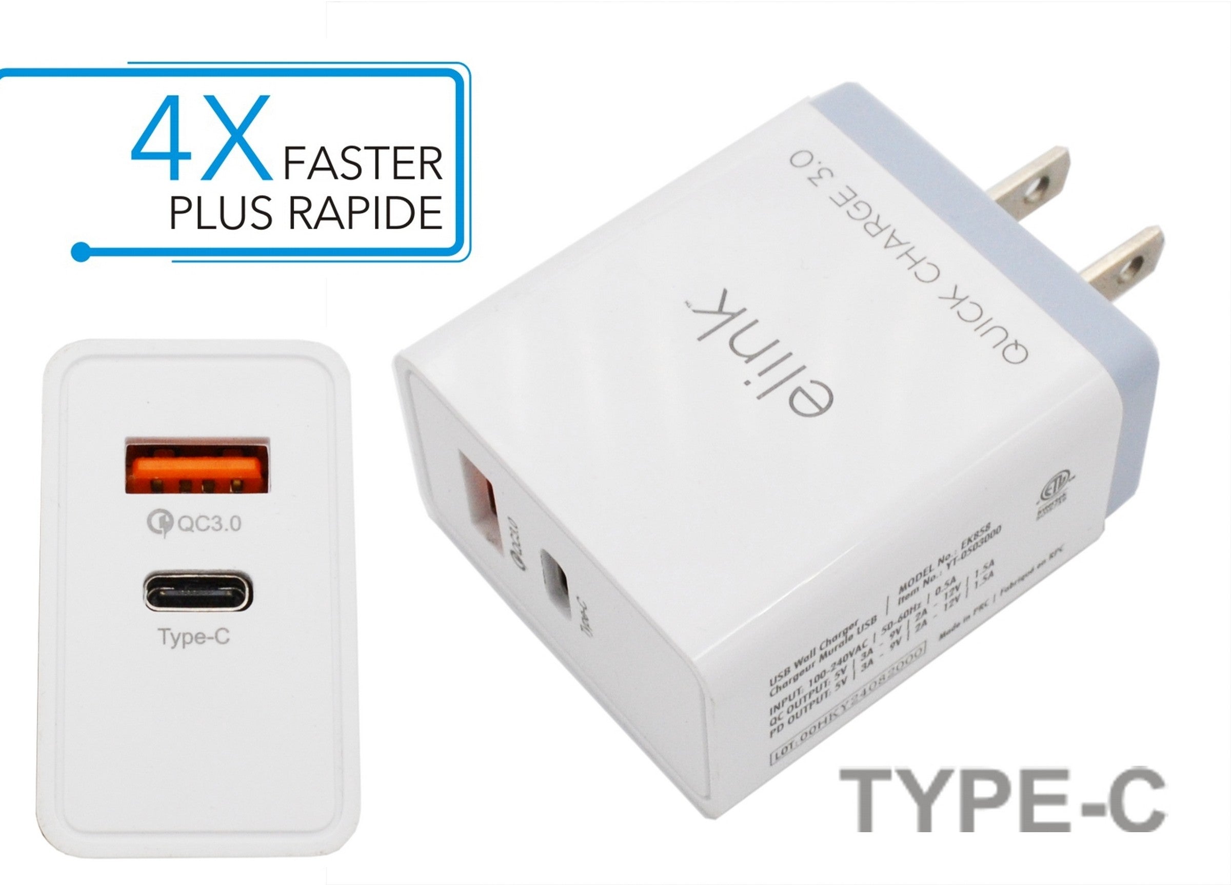 elink Chargeur Rapide Double Type-C 3.0 2x1.75po