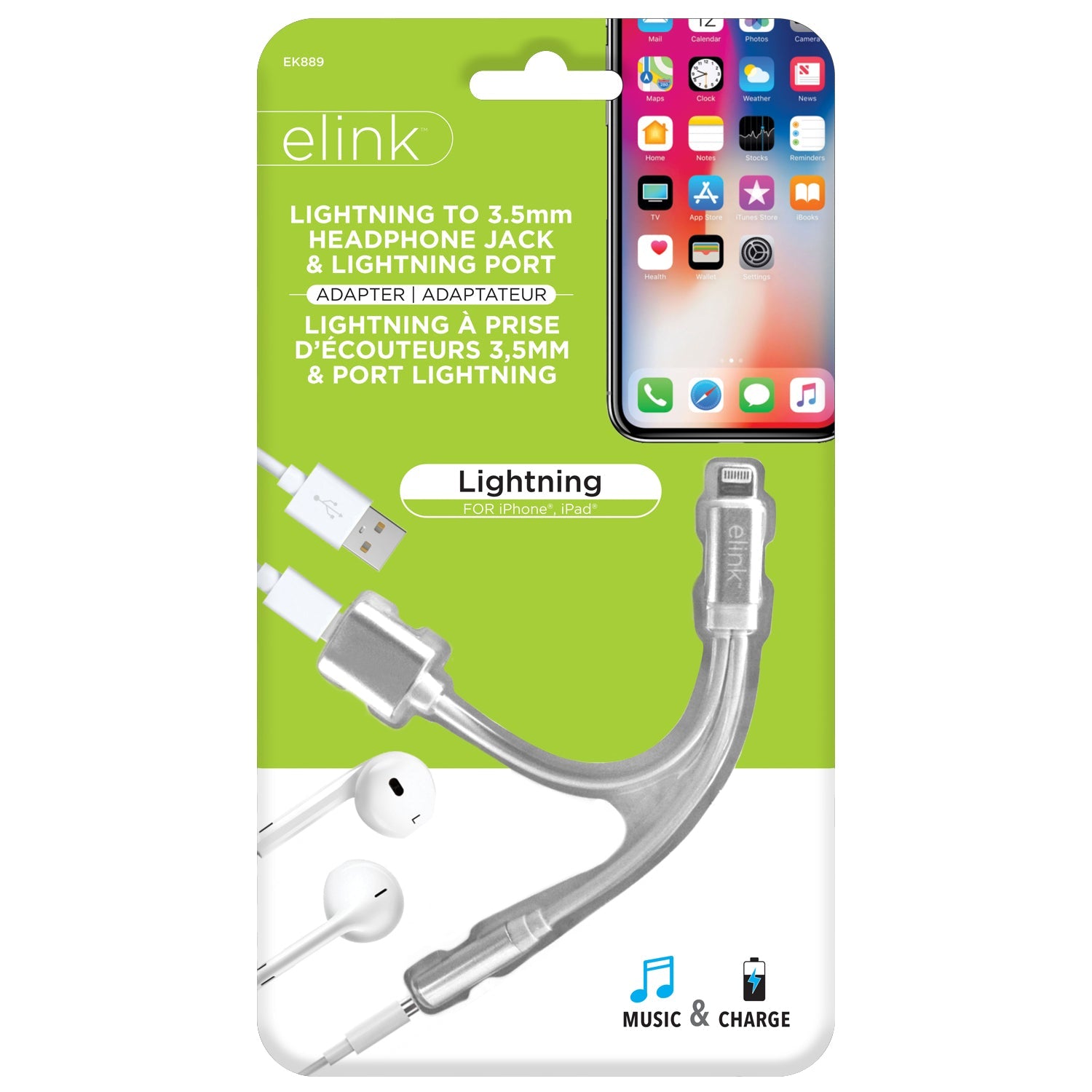 elink Lightning to 3.5mm and Lightning Port Adapter 5in