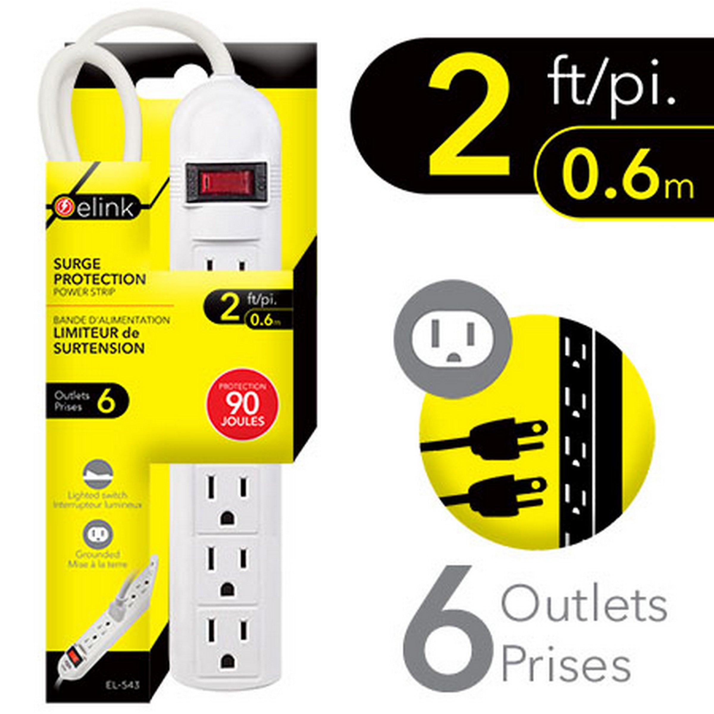 elink White Power Strip - 6 Outlets 2ft (0.6m)