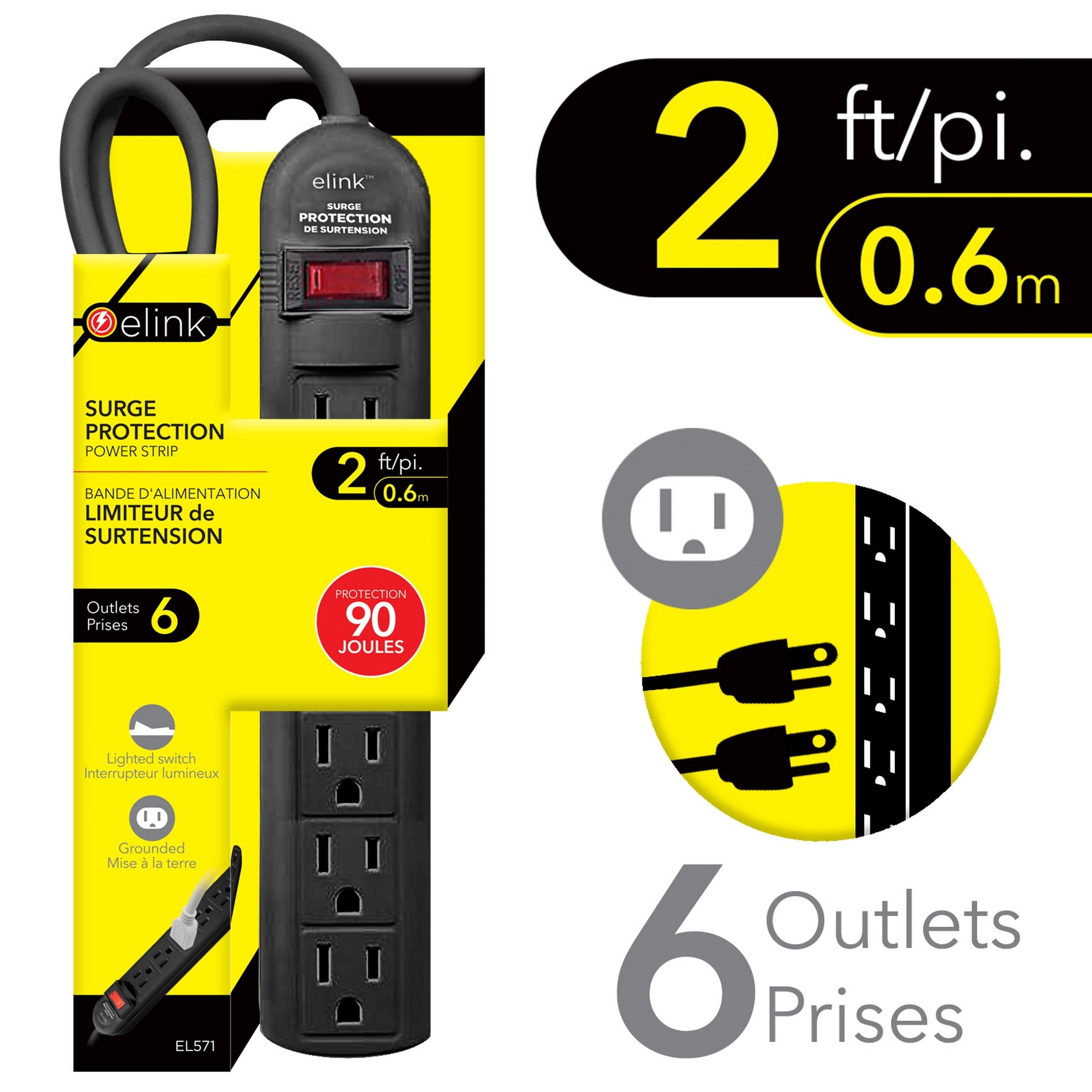 elink Black Power Strip - 6 Outlets 2ft (0.6m)