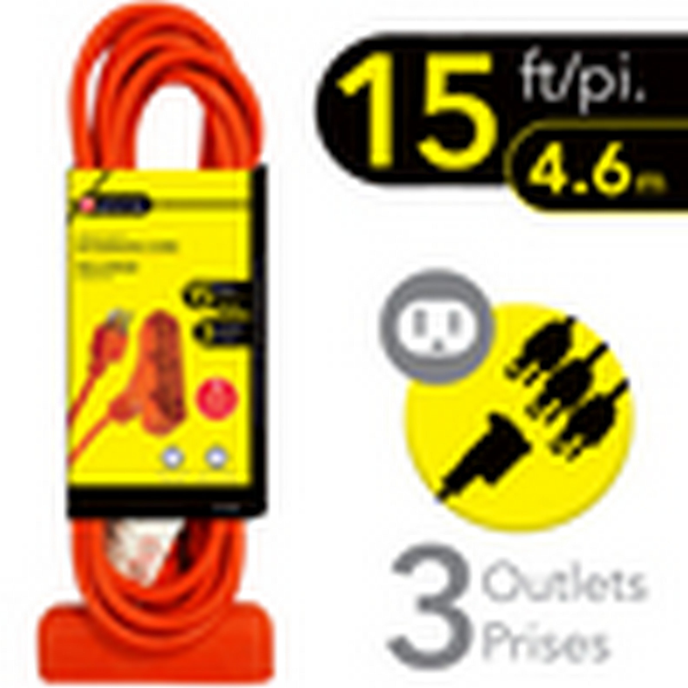 elink Orange Extension Cord - 3 Outlets - Outdoor 15ft (4.6m)
