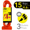 elink Orange Extension Cord - 3 Outlets - Outdoor 15ft (4.6m)