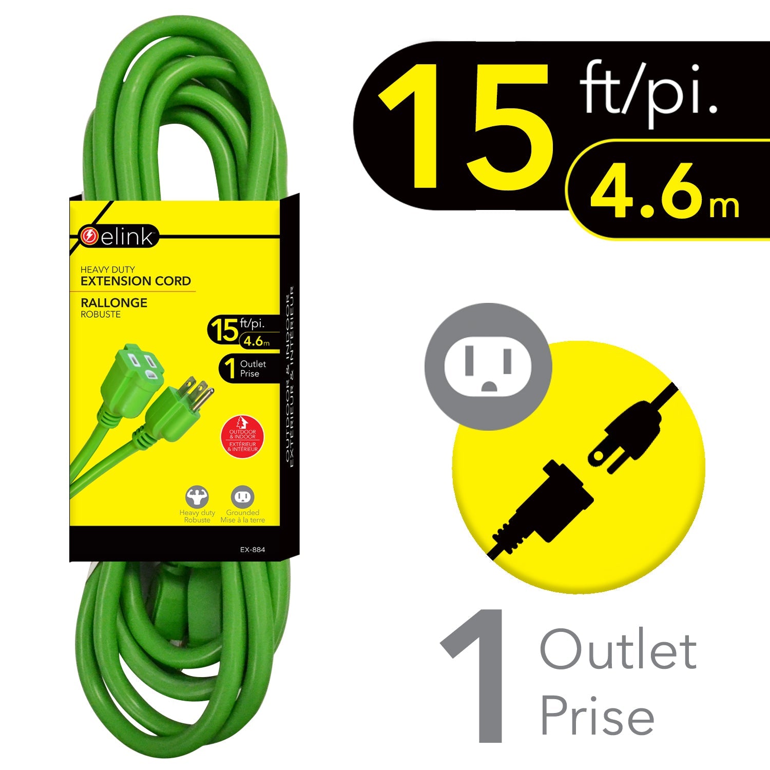 elink Green Outdoor Extension Cord - Heavy Duty 15ft (4.6m)
