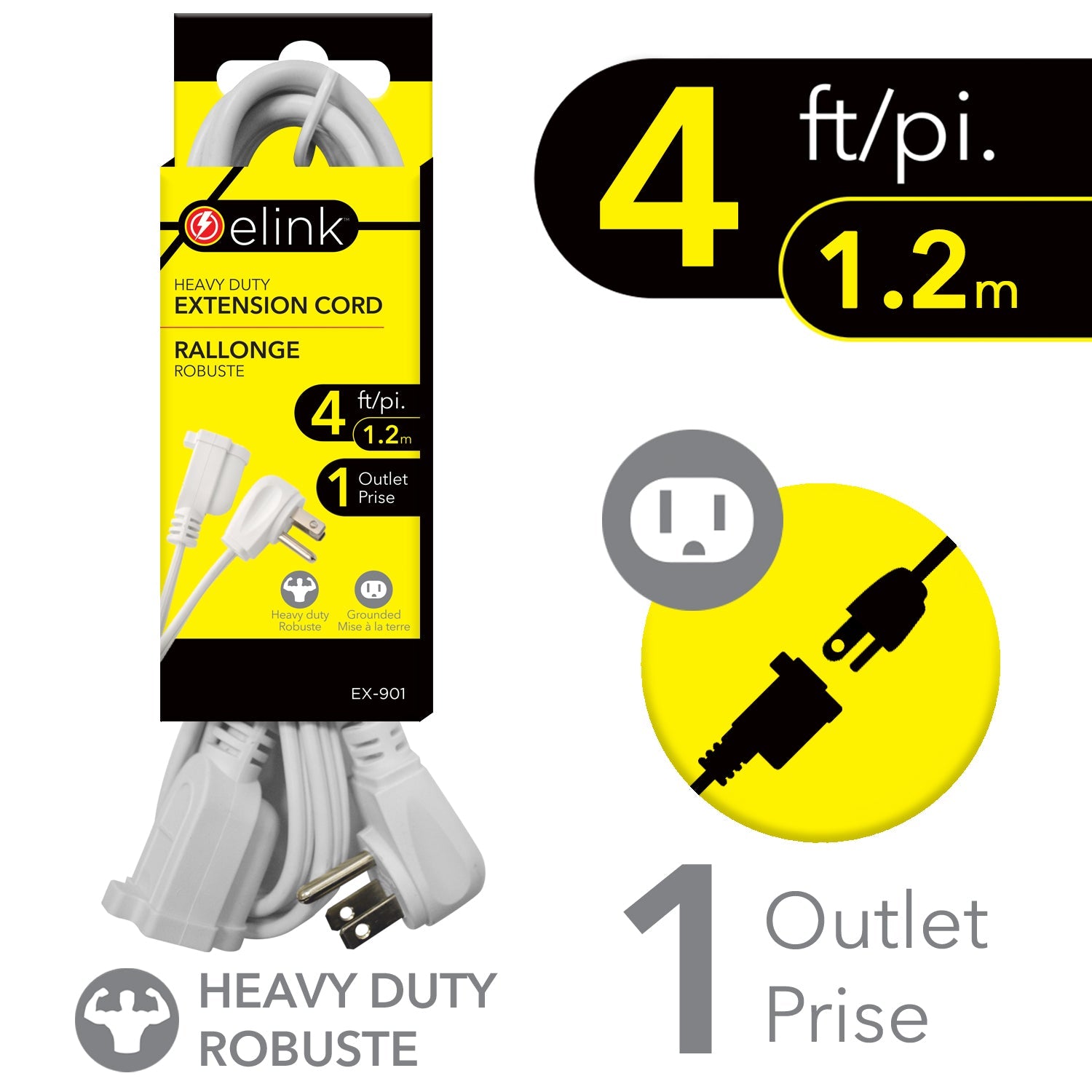 elink White Indoor Extension Cord - Heavy Duty 4ft (1.2m)