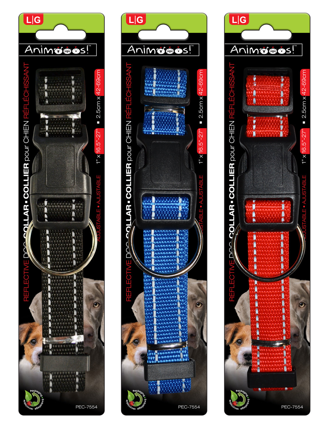 Animooos Adjustable Reflective Dog Collar Large 1x16.5 - 27in VRT