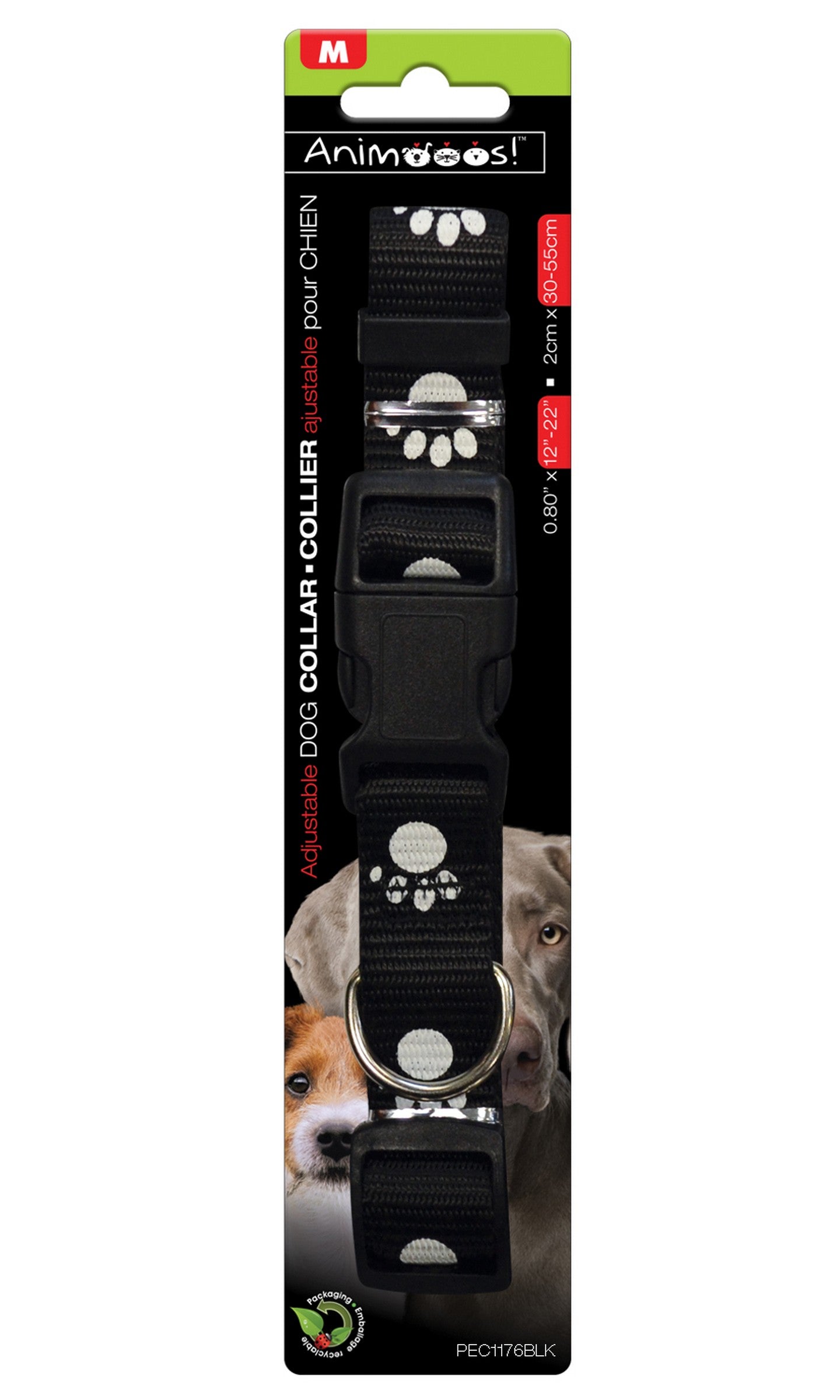 Animooos Adjustable Black Dog Collar with Paw Print Medium 12 - 22in