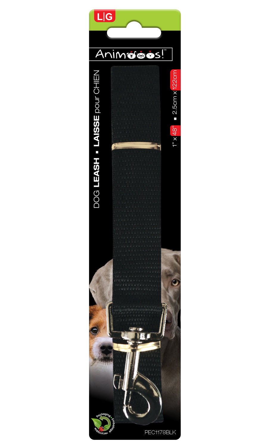 Animooos Black Dog Leash Large 1x48in