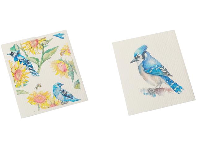 Embers 2 Swedish Printed One Side Tea Towels Blue Jays - Washable - Reusable 7.5x6.75in