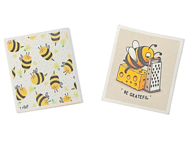 2 Swedish Printed Dishcloths Bee - Washable - Reusable 7.8x6.9in appro.