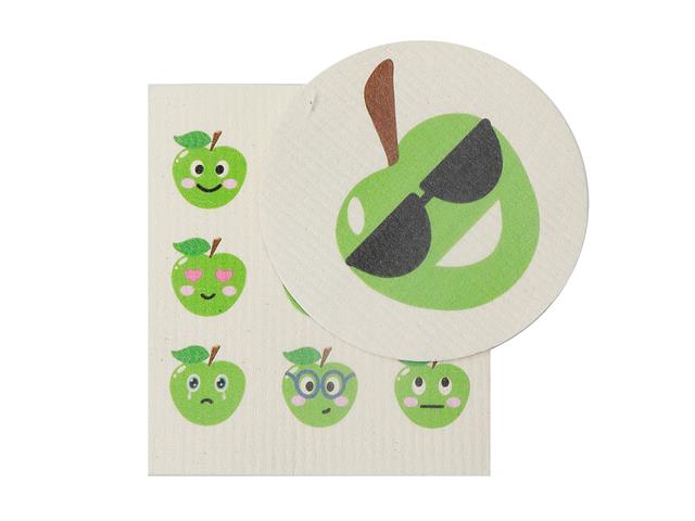 2 Swedish Printed Dishcloths Green Apple - Washable - Reusable Square 7.6x6.7in Circle 6in