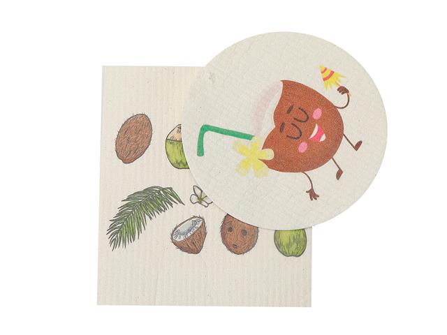2 Swedish Printed Dishcloths Coconut - Washable - Reusable Square 7.6x6.7in Circle 6in