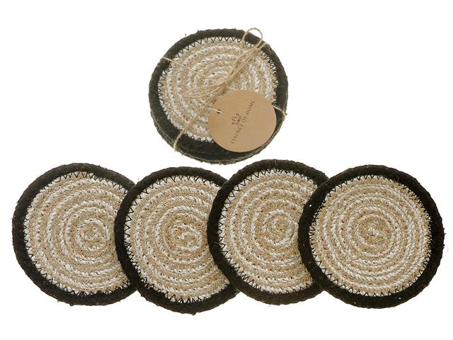 4 Round Jute Black Line Braided Coasters 4x4in