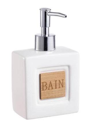 White Ceramic Soap Pump with Bamboo Cutout "Bain" 6.5x3.5x2.25in