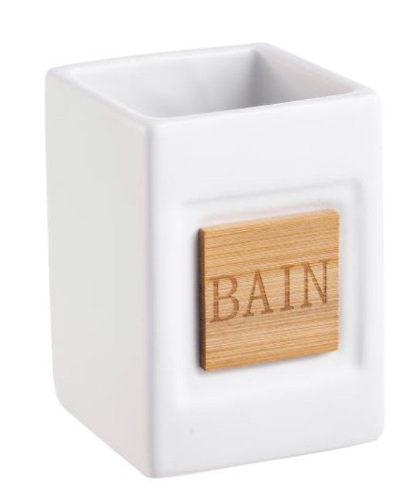 White Ceramic Tumbler with Bamboo Cutout "Bain" 4x2.8in