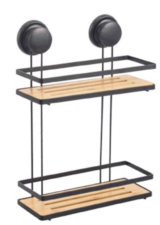Two Tier Black Metal and Bamboo Suction Organizer 10x5x16.9in