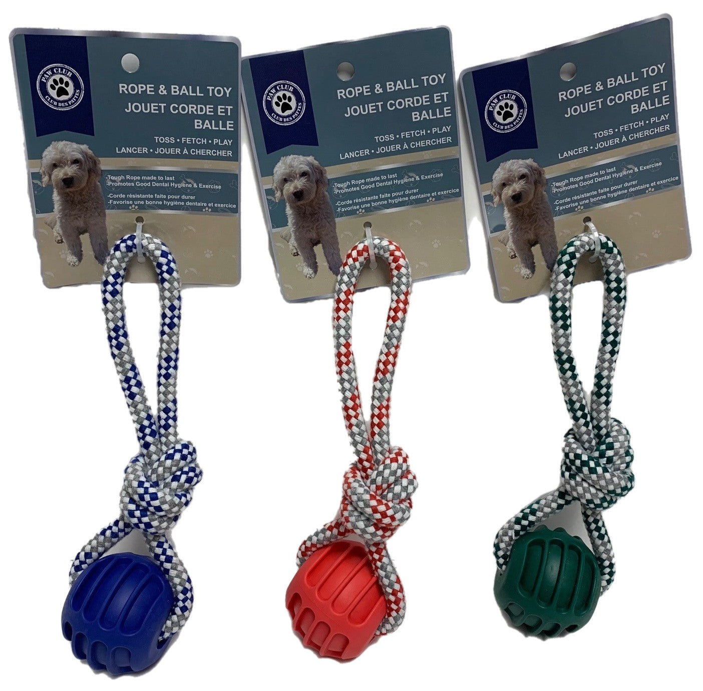 Paw Club Dog Rope and 2in Rubber Ball Toy 9.25in long VRT