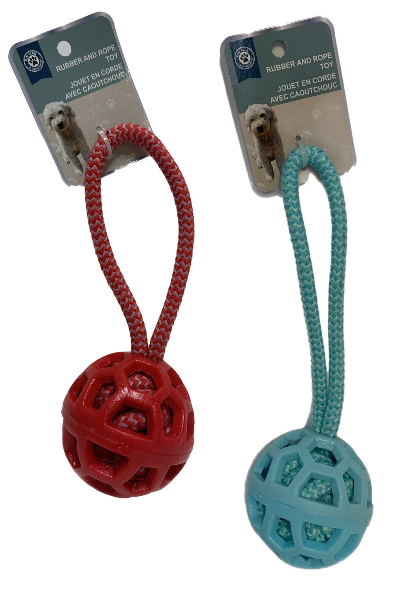 Paw Club Dog 3in Rubber Ball and Rope Toy 8in long VRT