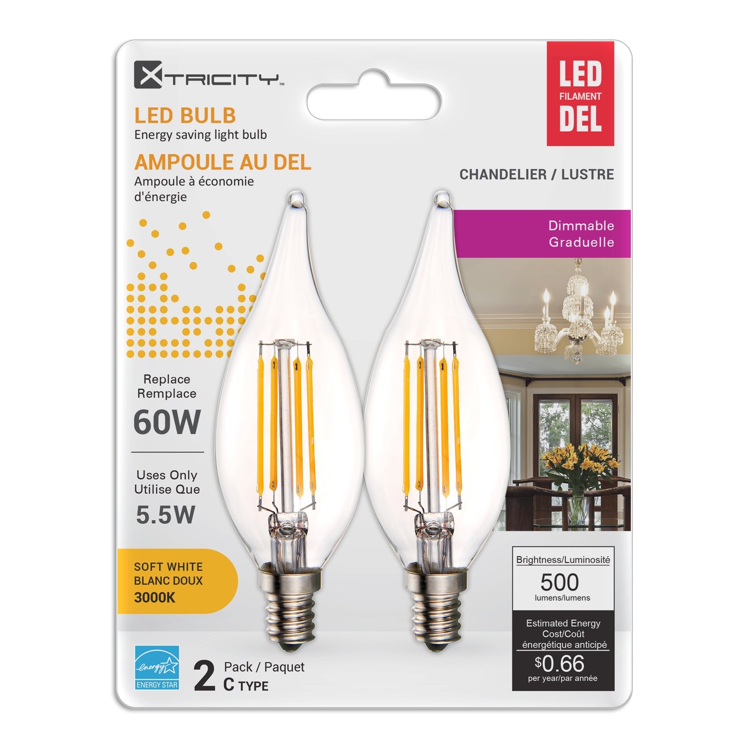 Xtricity 2 C Type Led Soft White Chandelier Dimmable Clear 5.5W Light Bulbs E12 Base