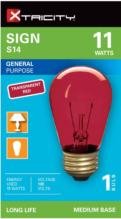 Xtricity S14 Sign Transparent Red 11W Light Bulb E26 Base