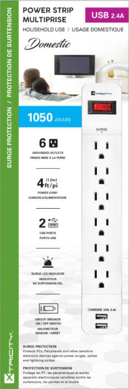 Xtricity White Power Strip with 6 Grounded Outlets and 2 USB Ports 4ft
