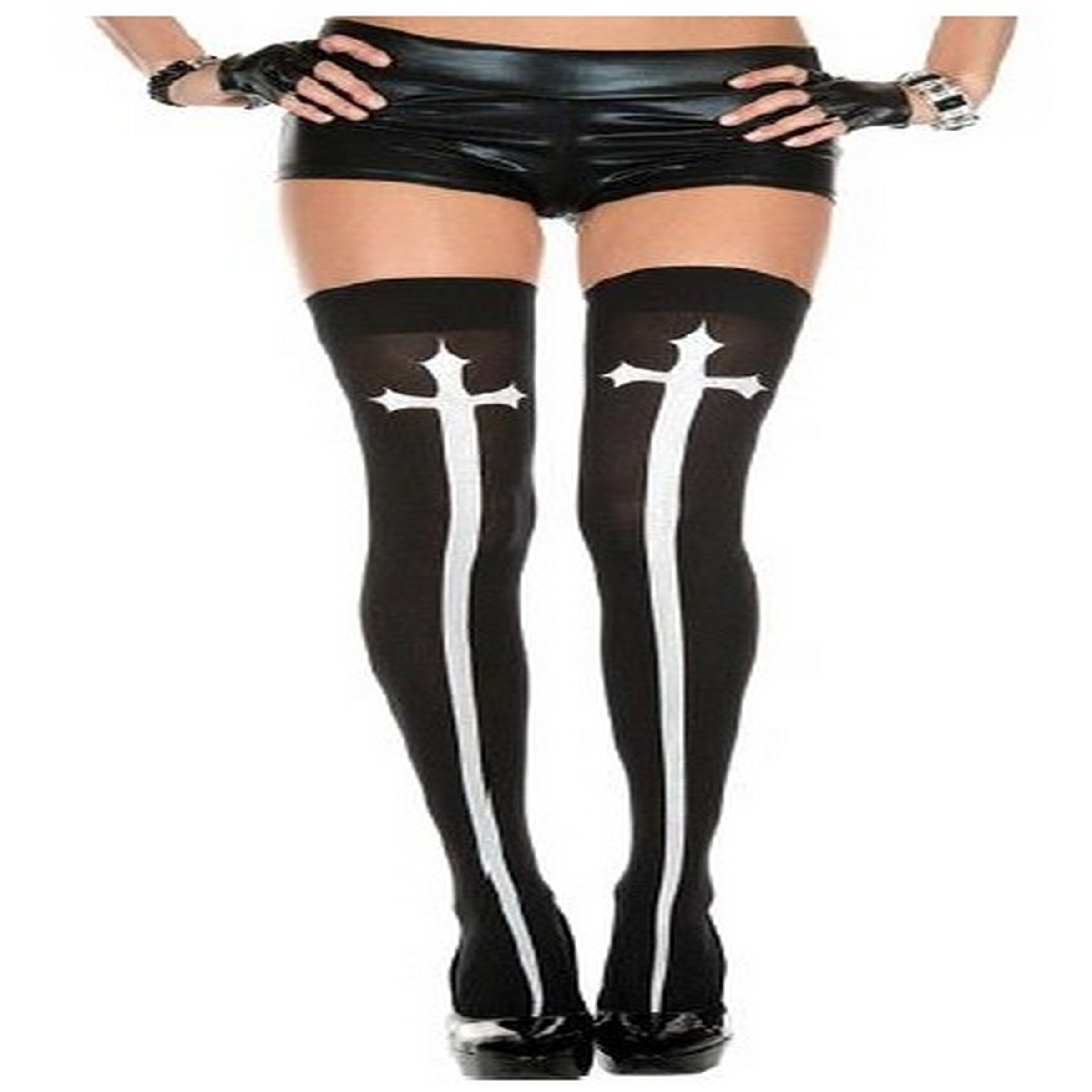 Halloween White Cross Thigh Highs - Adult