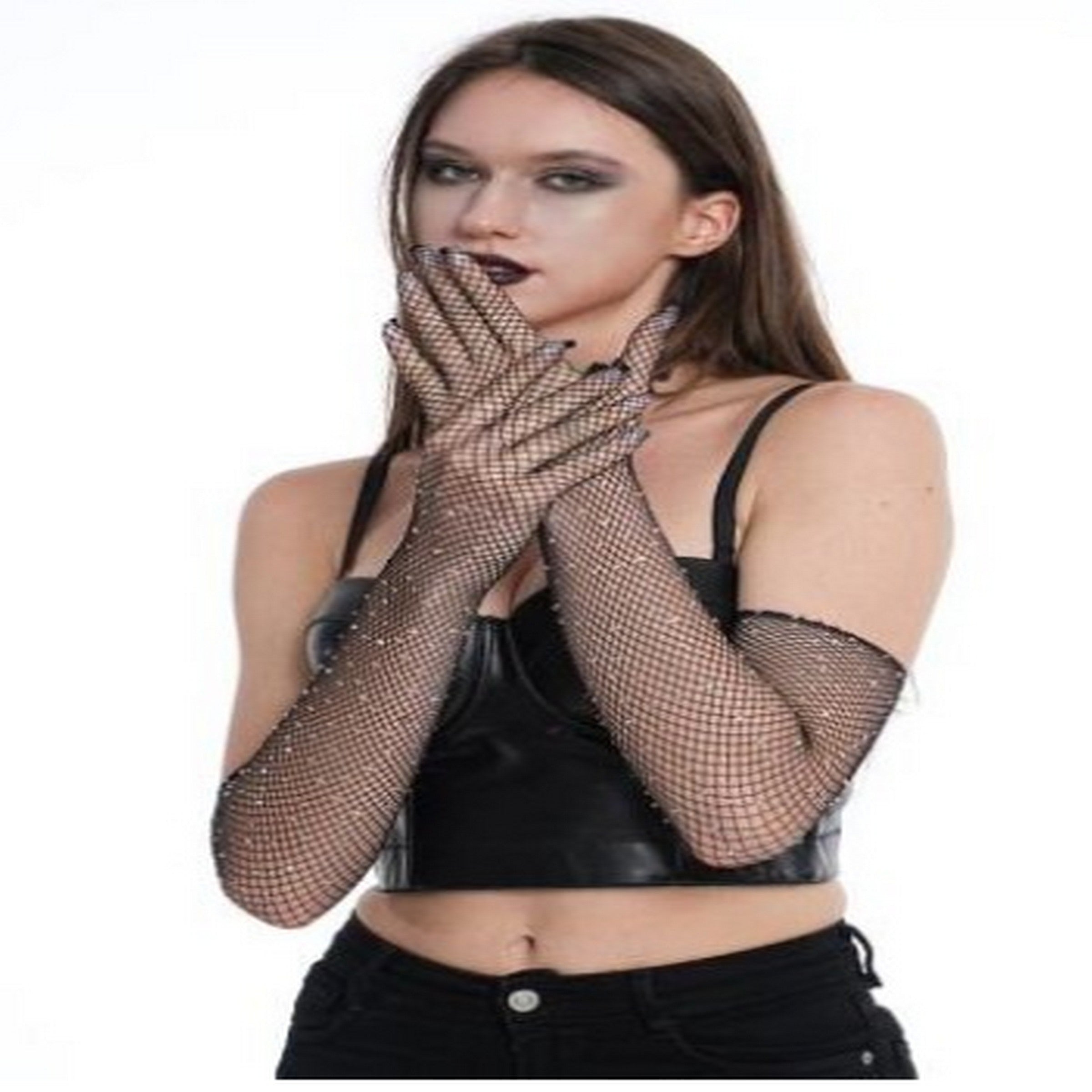 Halloween 1 Pair Black Rhinestone Fishnet Gloves - Adult