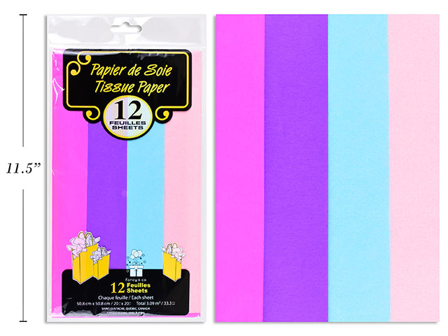 12 Sheets of Tissue Paper - Fuschia, Purple, Baby Blue and Baby Pink 20x20in