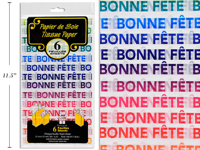 6 Sheets of Tissue Paper - Bonne Fête 20x20in