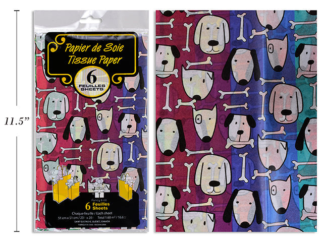 6 Sheets of Tissue Paper - Dogs and Bones 20x20in