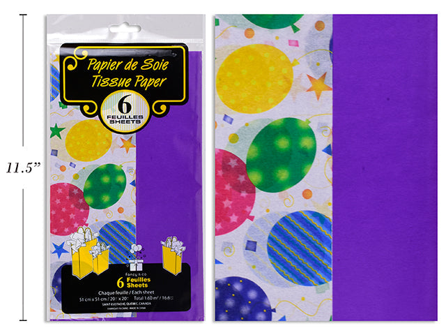 6 Sheets of Tissue Paper - Balloons and Plain Purple 20x20in